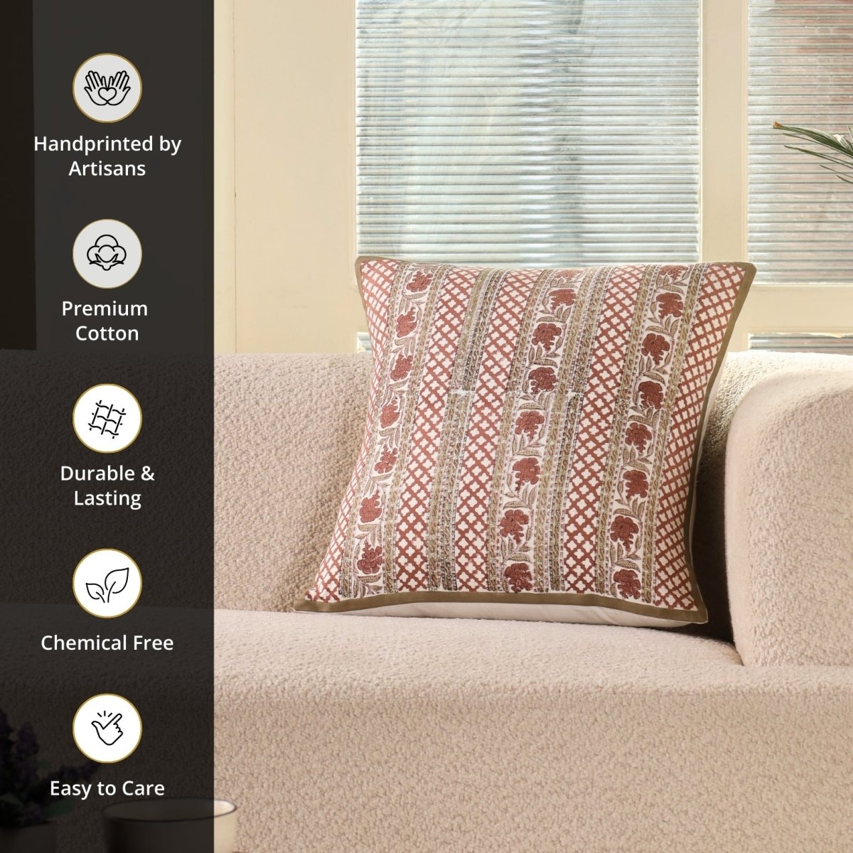 Ivory and Rust Pure Cotton Floral Cushion Cover | 18x18 in | Set of 1,2,3,4 and 5 | Block Printed