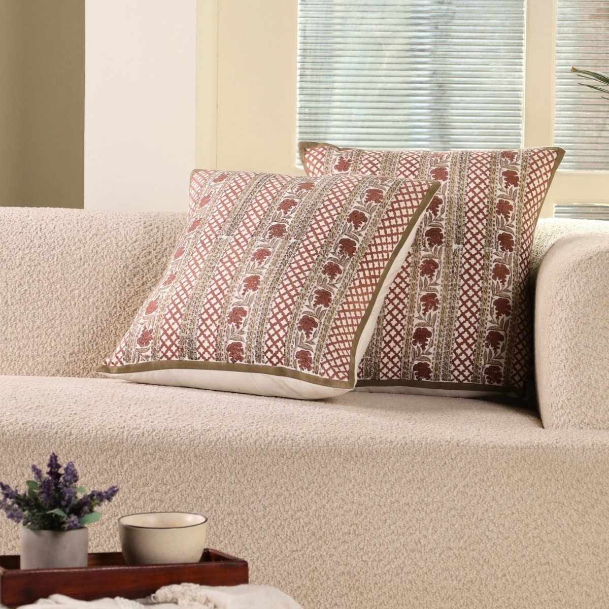 Ivory and Rust Pure Cotton Floral Cushion Cover | 18x18 in | Set of 1,2,3,4 and 5 | Block Printed