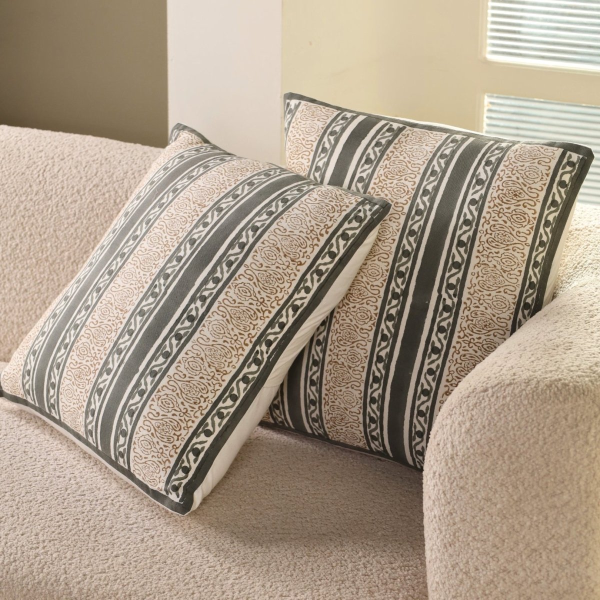 Charcoal and Off White Pure Cotton Cushion Cover | 18x18 in | Set of 1,2,3,4 and 5 | Striped