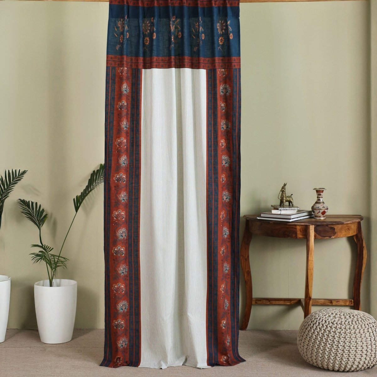 Pure Cotton Curtains set in Ivory Maroon and Navy Blue Colours, available in 7ft pack of 1