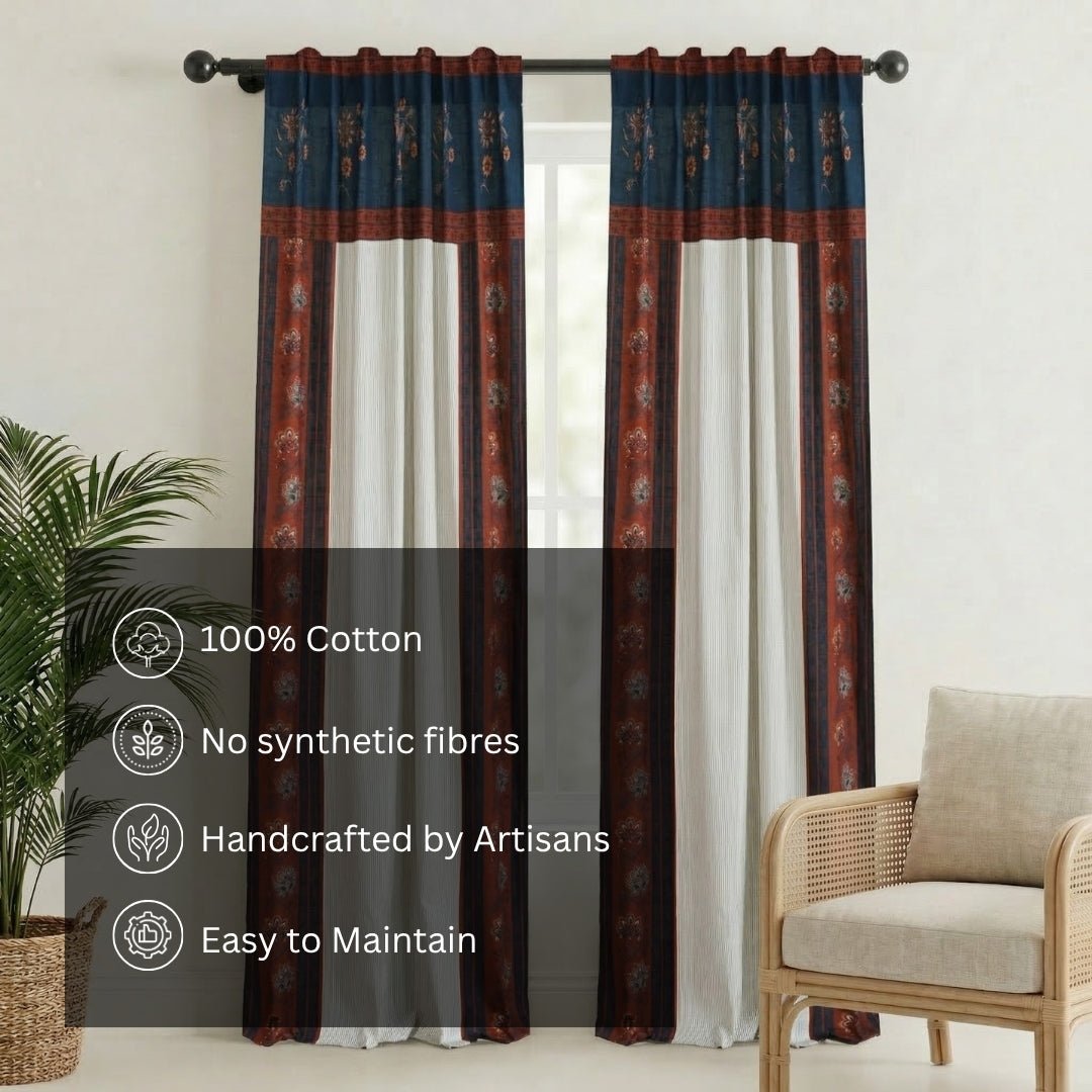 Pure Cotton Curtains set in Ivory Maroon and Navy Blue Colours, available in 7ft pack of 1