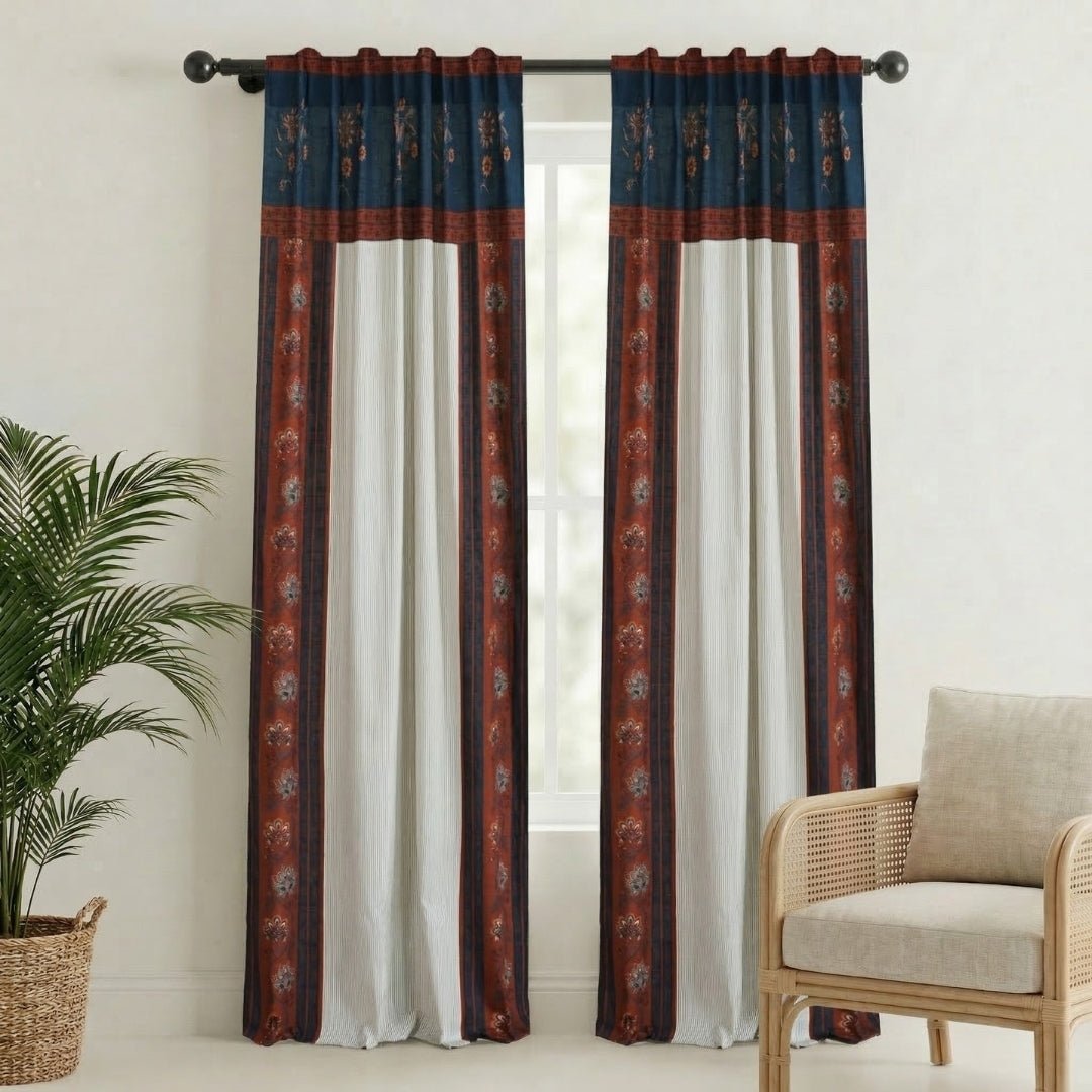 Pure Cotton Curtains set in Ivory Maroon and Navy Blue Colours, available in 7ft pack of 1