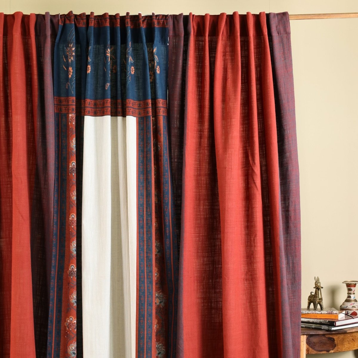 Pure Cotton Curtains set in Brick Red, Ivory and Navy Blue Colours, available in 7ft in set of 3