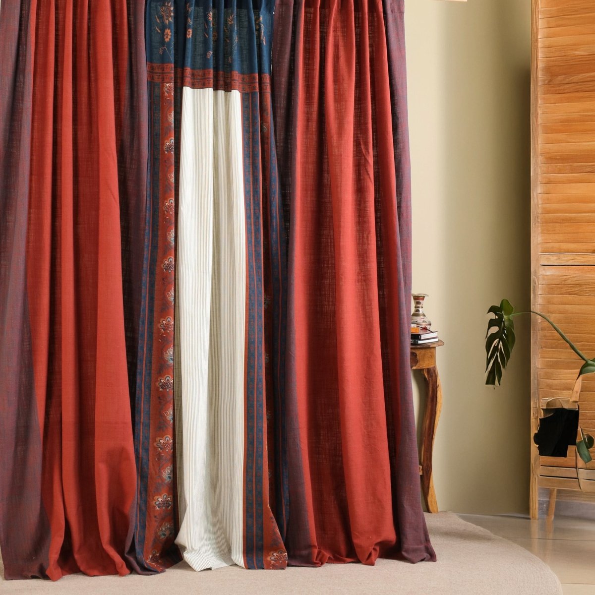 Pure Cotton Curtains set in Brick Red, Ivory and Navy Blue Colours, available in 7ft in set of 3