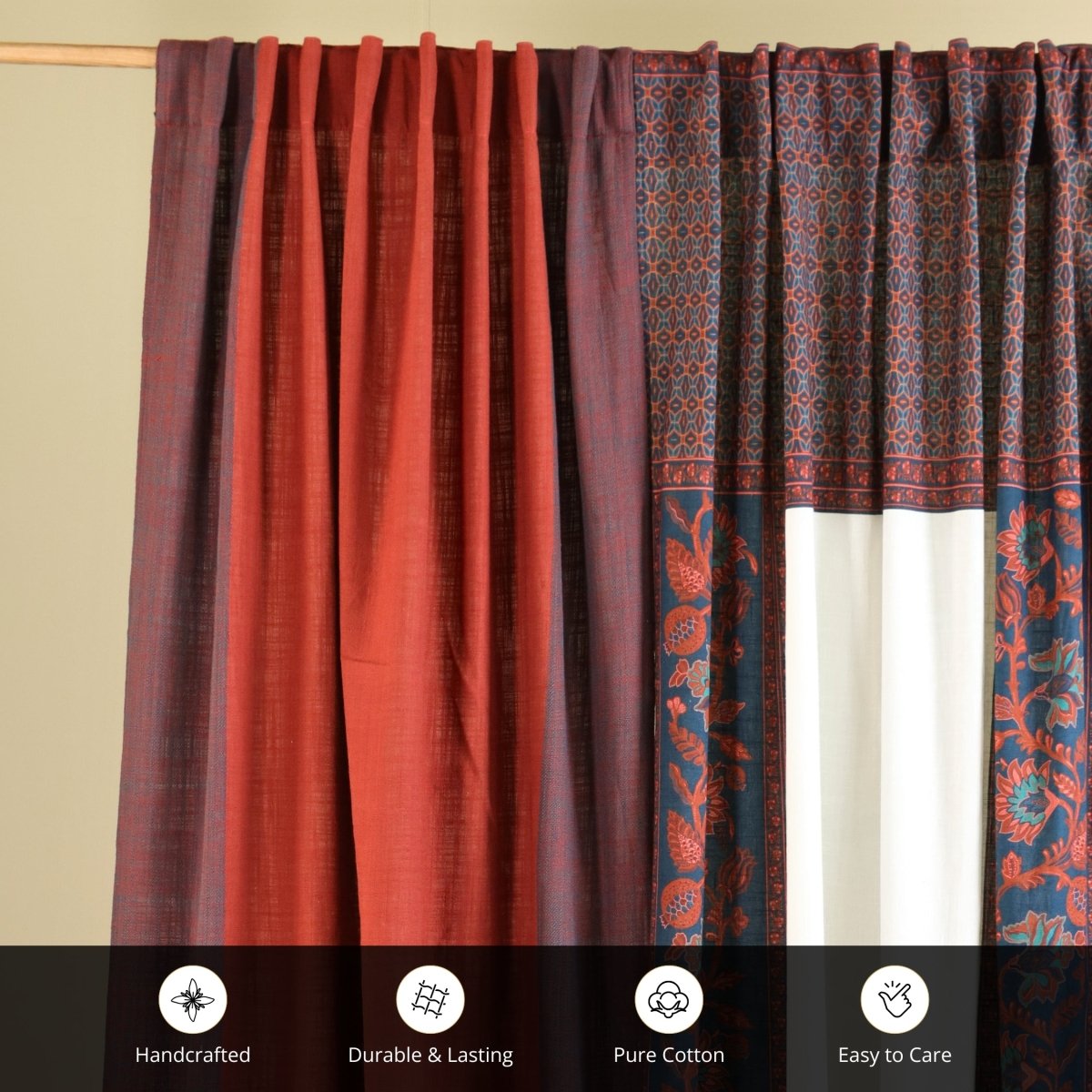 Pure Cotton Curtains set in Brick Red, Navy Blue and Ivory Colours, available in 7ft in set of 3