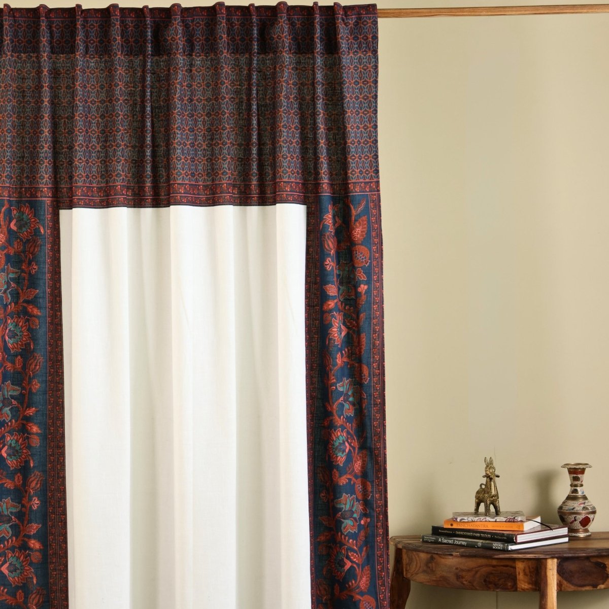 Pure Cotton Curtains set in Brick Red, Navy Blue and Ivory Colours, available in 7ft in set of 3