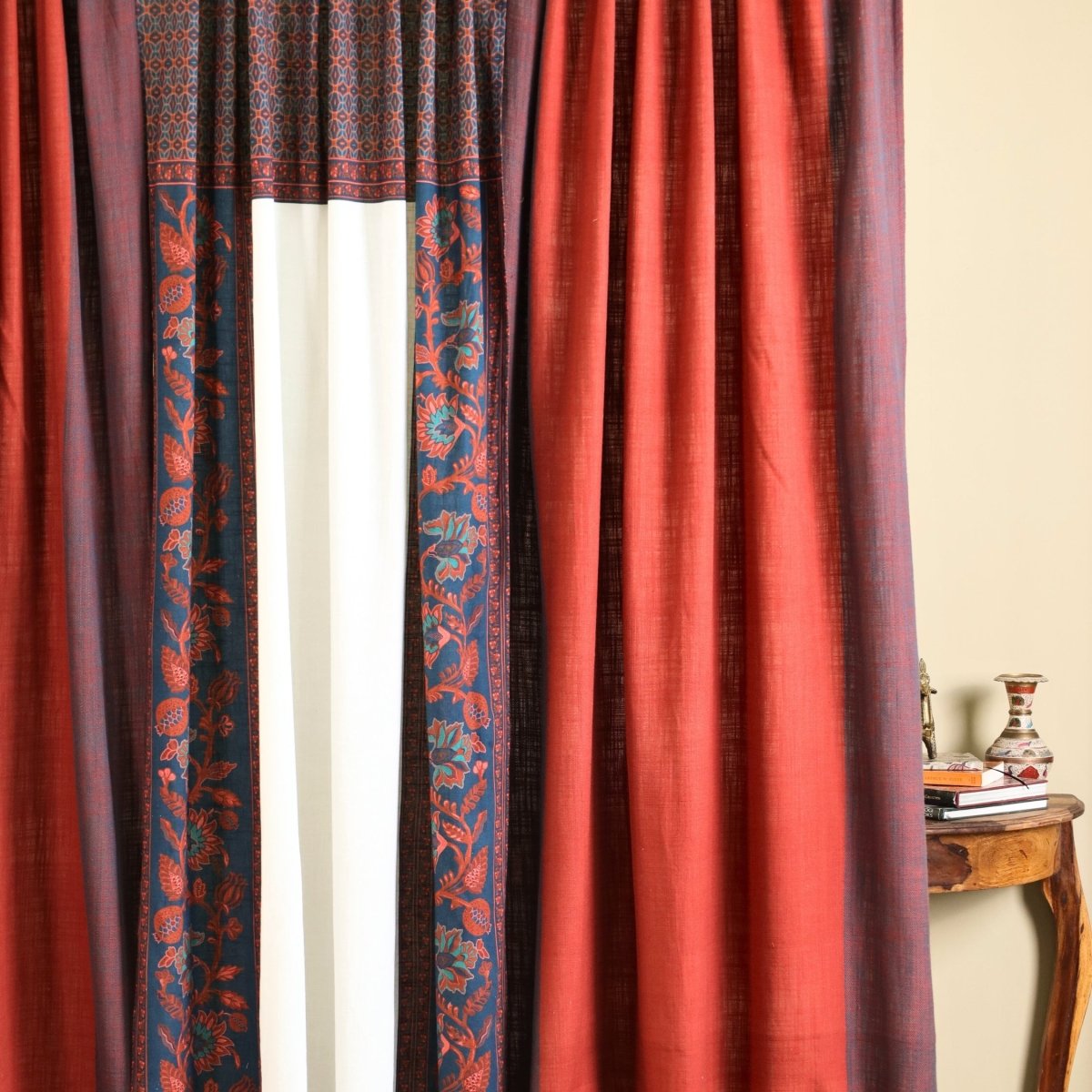 Pure Cotton Curtains set in Brick Red, Navy Blue and Ivory Colours, available in 7ft in set of 3