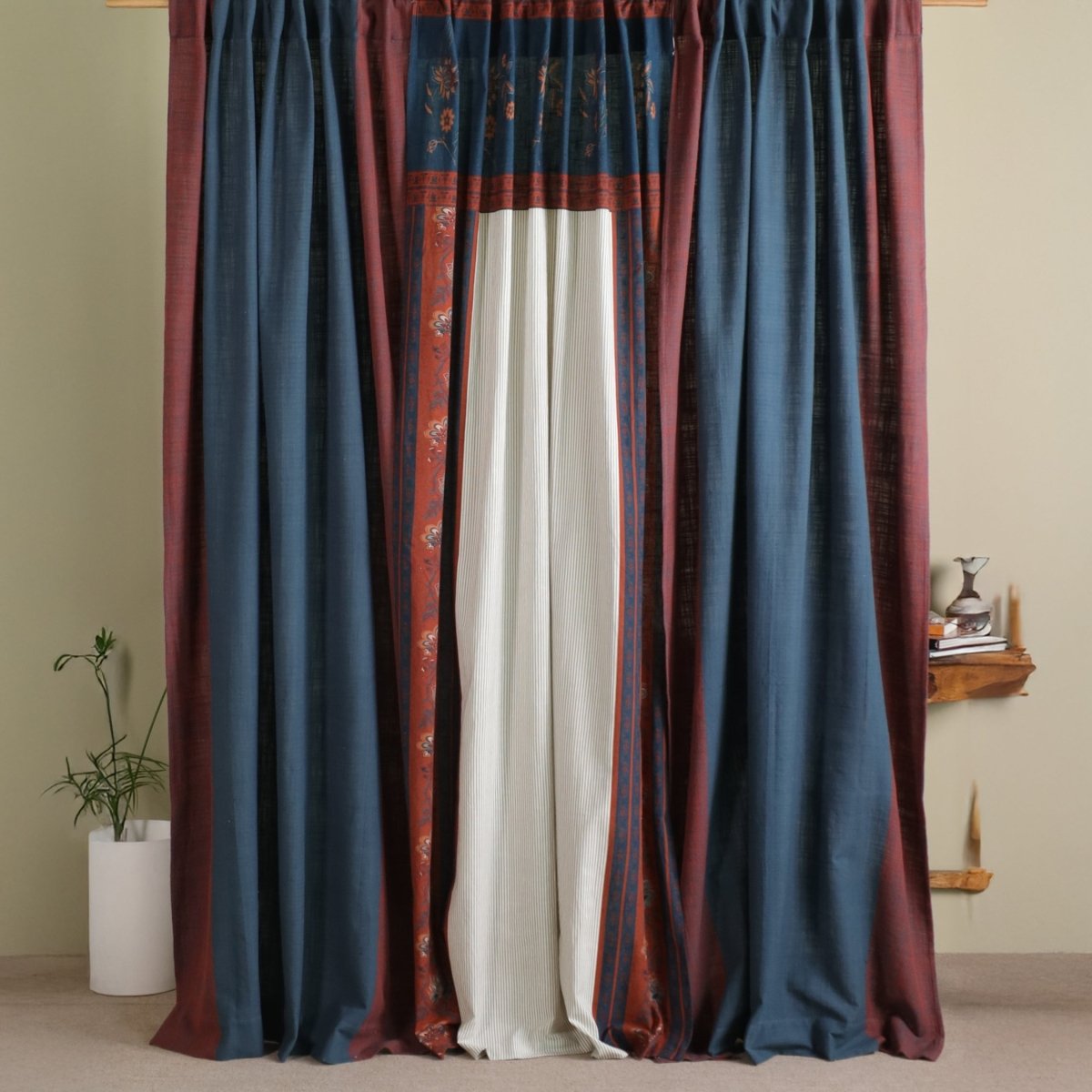 Pure Cotton Curtains set in Maroon Navy Blue and Ivory Colours, available in 7ft in set of 3
