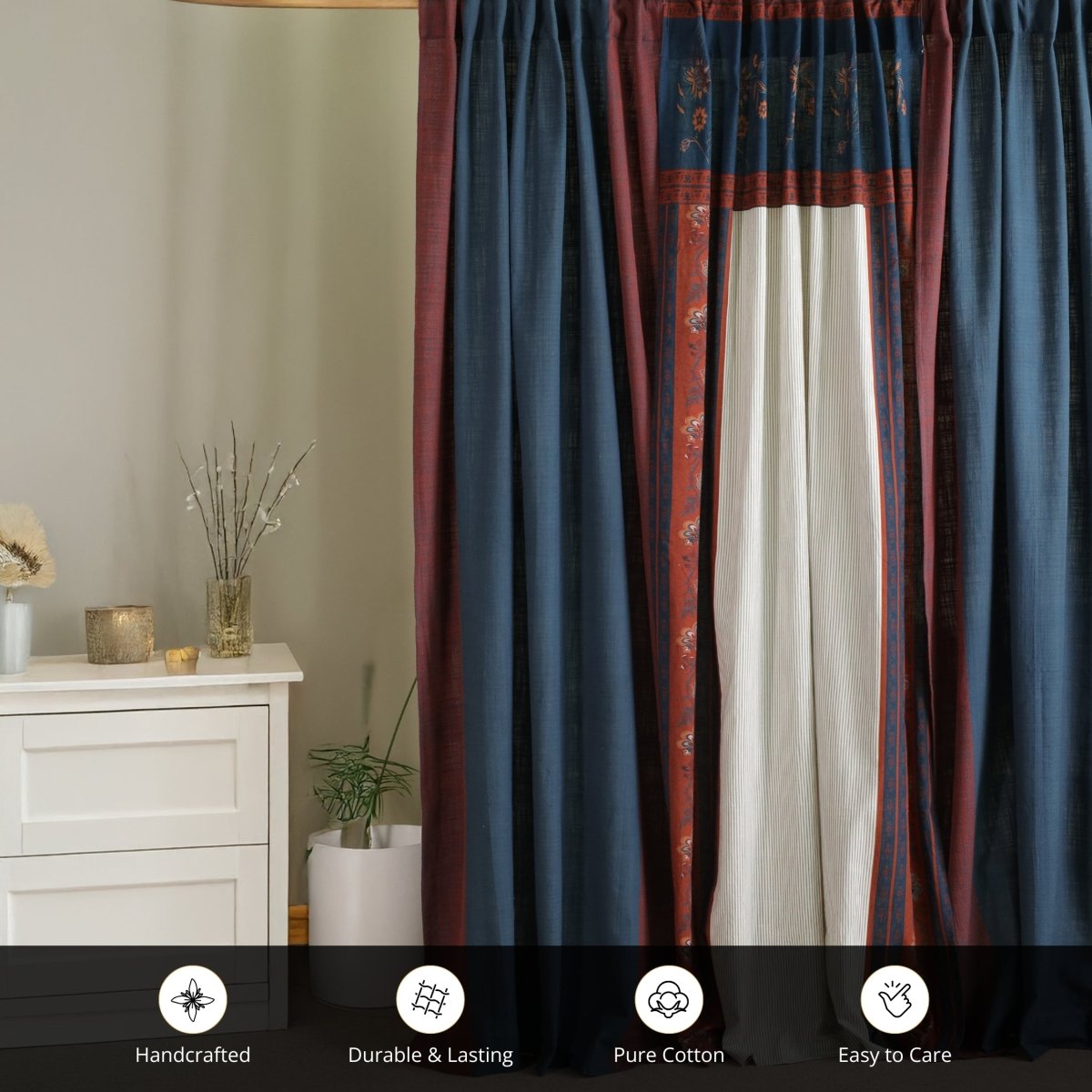 Pure Cotton Curtains set in Maroon Navy Blue and Ivory Colours, available in 7ft in set of 3