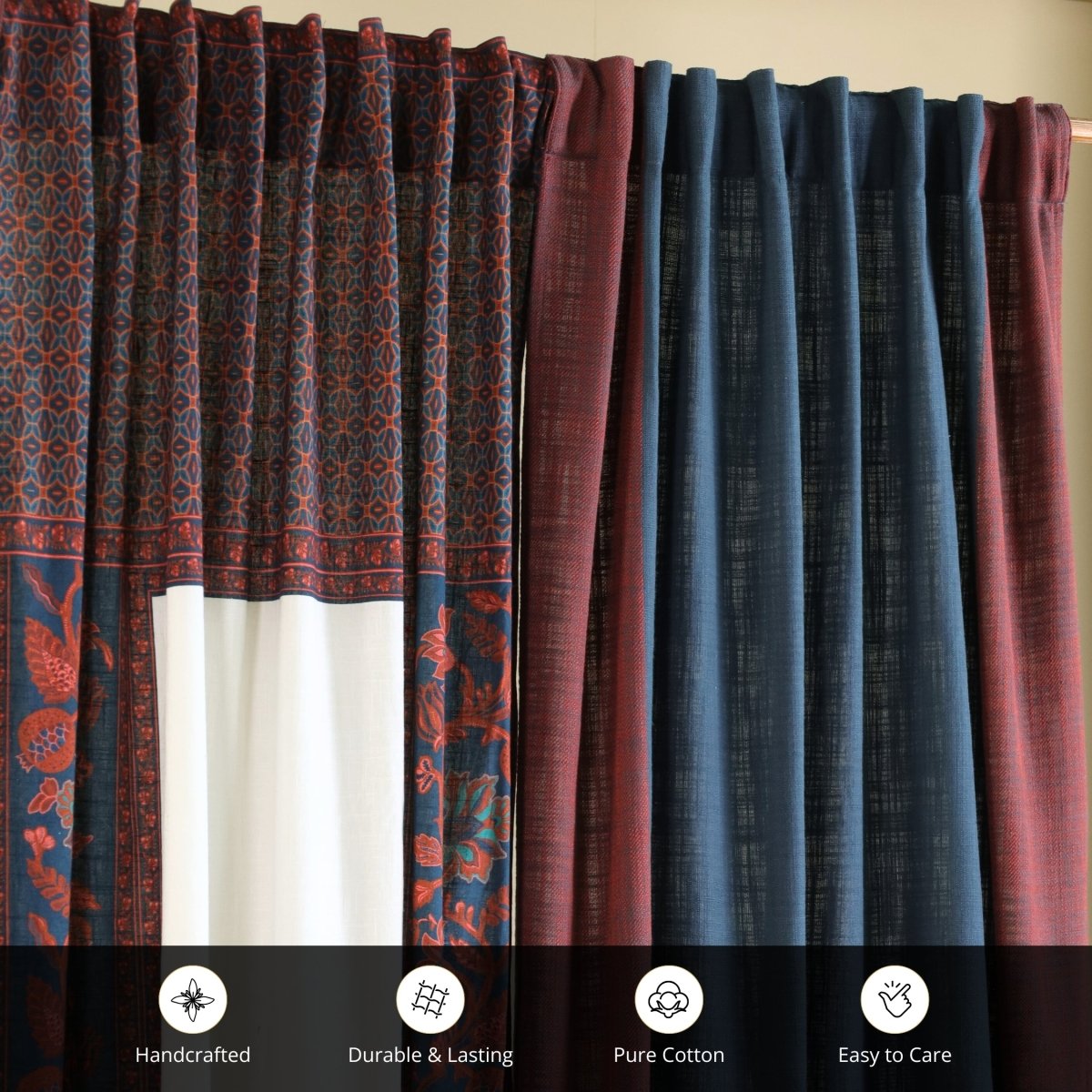 Pure Cotton Curtains set in Maroon Navy Blue and Ivory Colours, available in 7ft in set of 3