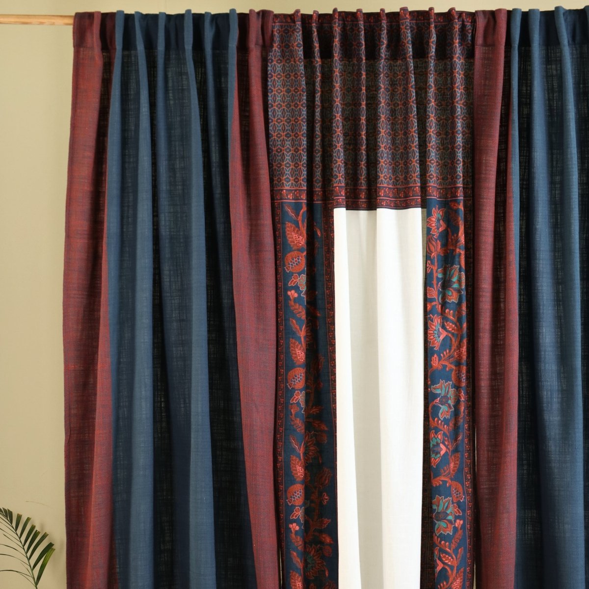 Pure Cotton Curtains set in Maroon Navy Blue and Ivory Colours, available in 7ft in set of 3