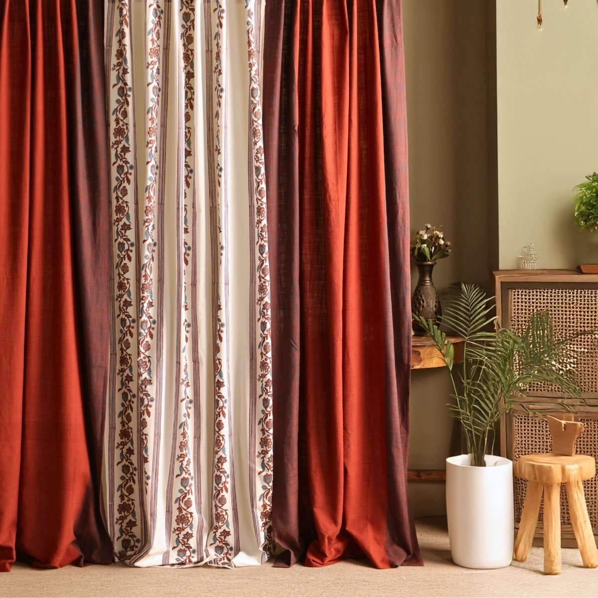 Pure Cotton Curtains set in Off White and Brick Red Colours, available in 7ft in set of 3