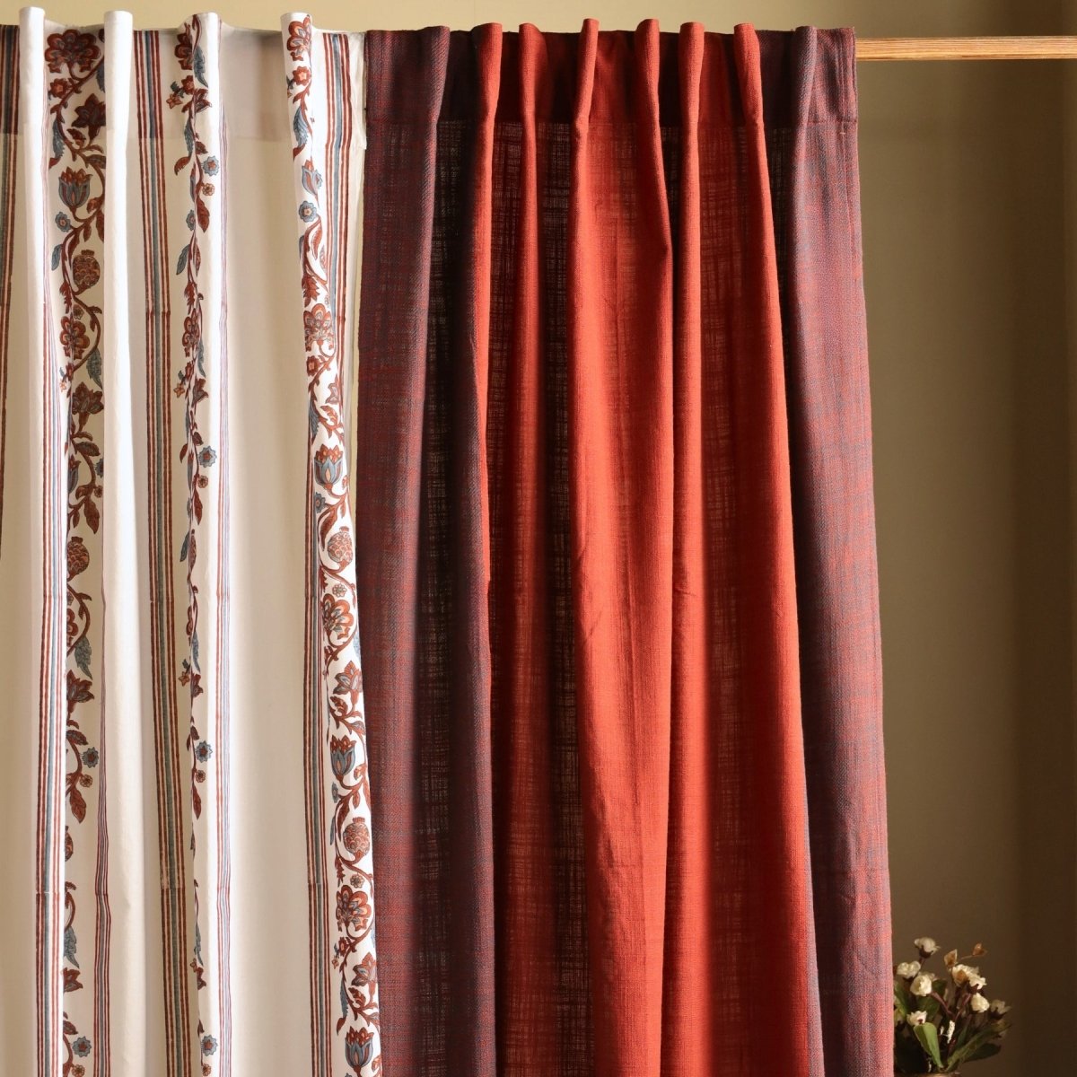 Pure Cotton Curtains set in Off White and Brick Red Colours, available in 7ft in set of 3