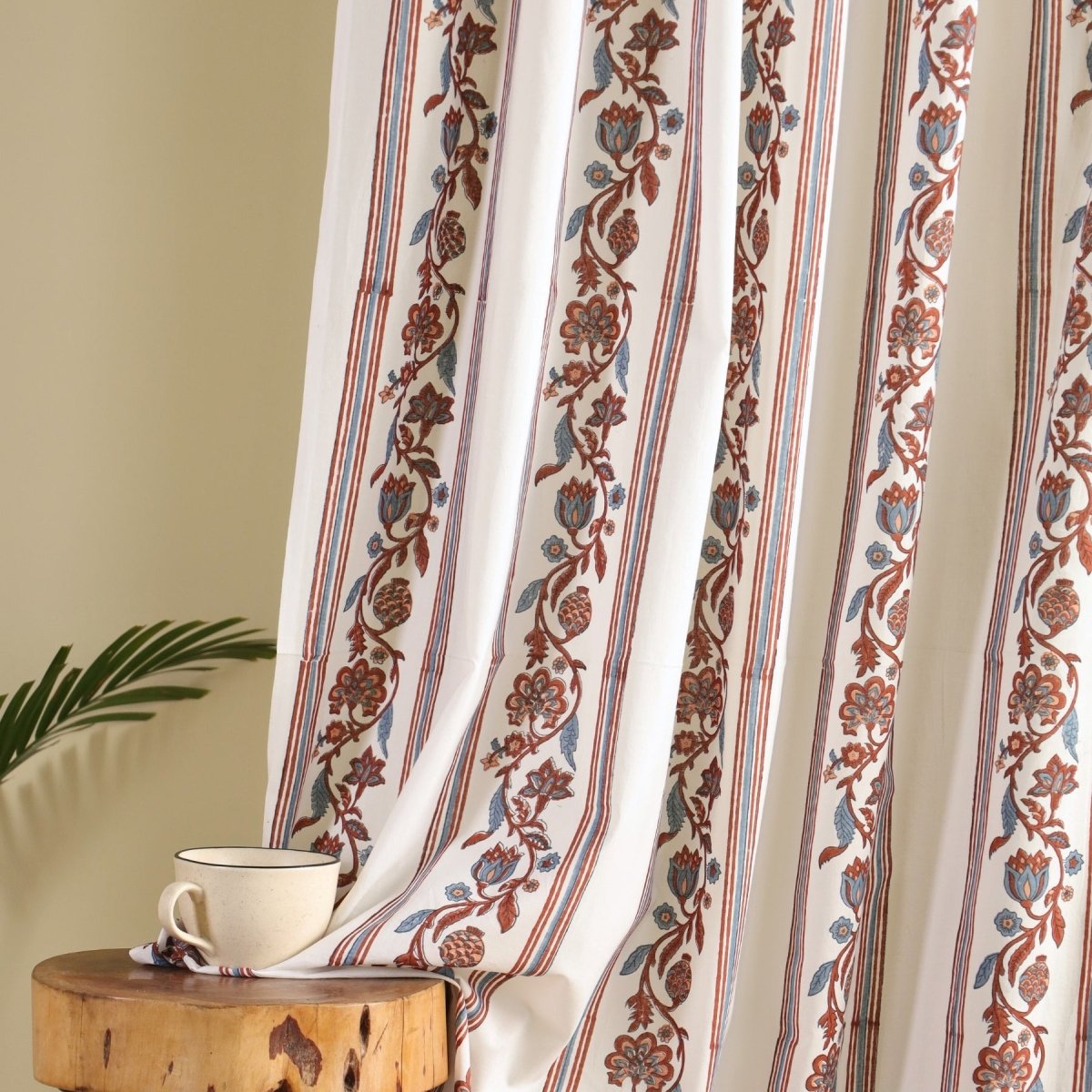 Pure Cotton Curtains set in Off White and Brick Red Colours, available in 7ft in set of 3
