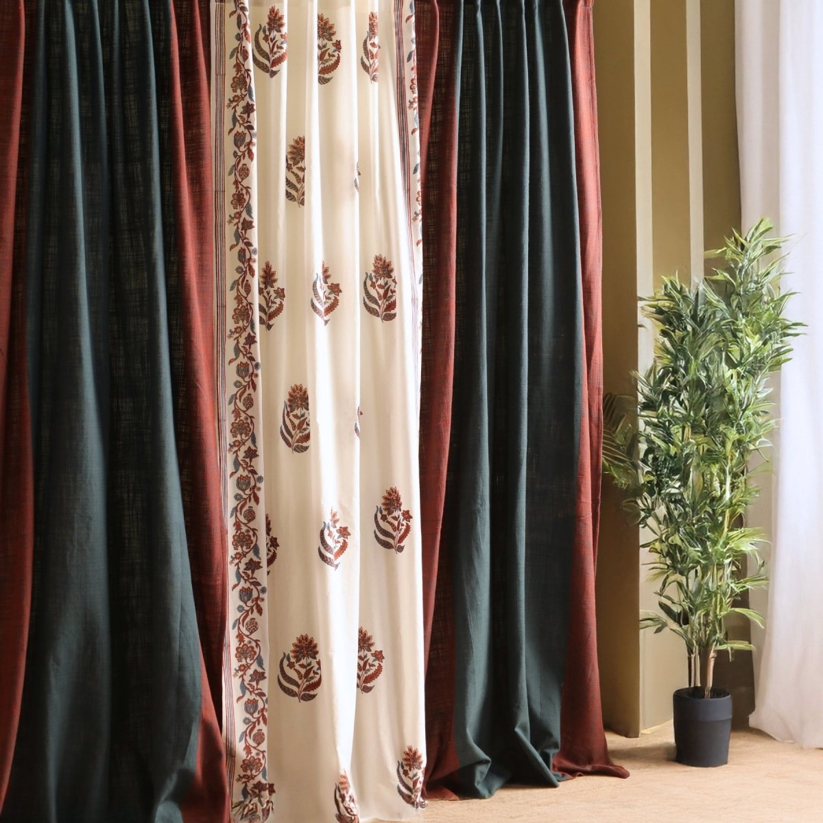 Pure Cotton Sheer and solid Curtains set in Off White and Navy Colours, available in 7ft in set of 3