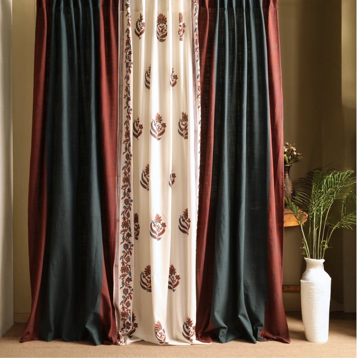 Pure Cotton Sheer and solid Curtains set in Off White and Navy Colours, available in 7ft in set of 3