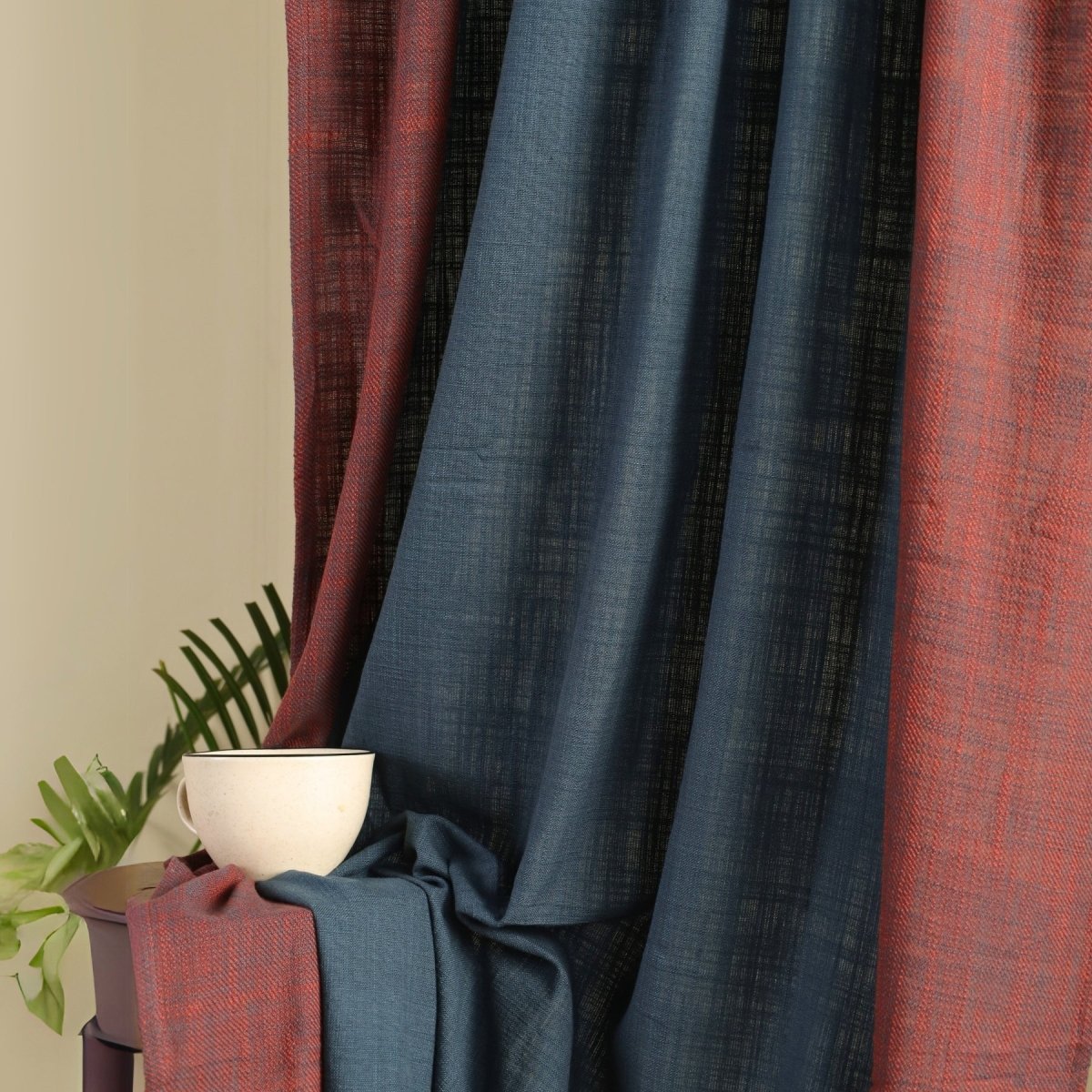 Pure Cotton Sheer and solid Curtains set in Off White and Navy Colours, available in 7ft in set of 3