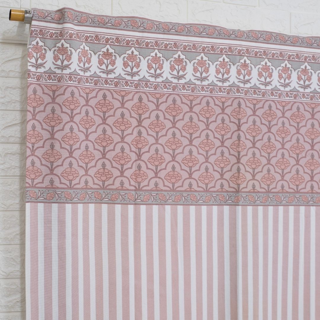 Door Curtain in Dusty Pink and Off white in Pure Cotton with Ornate florals and Bold Stripes | 7 Feet | Semi Blackout with 70% light blocking