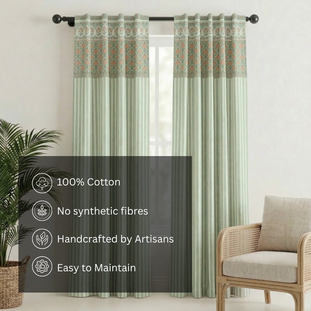 Pure Cotton Curtains in soft green colours in ornate floral and bold stripe pattern, available in 7ft.