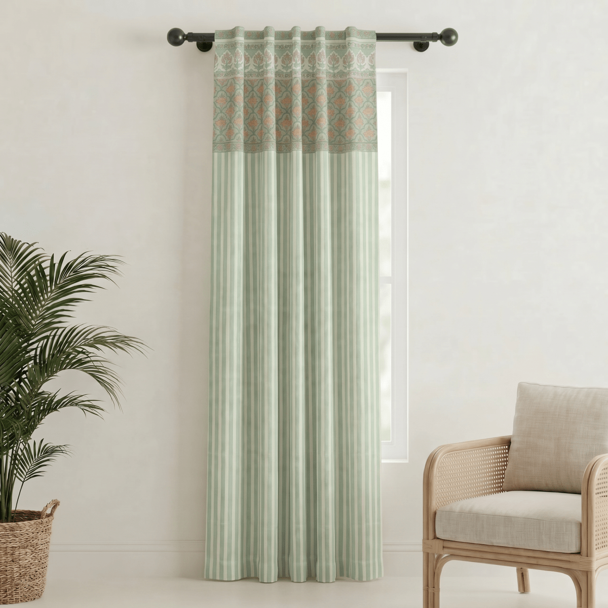 Pure Cotton Curtains in soft green colours in ornate floral and bold stripe pattern, available in 7ft.