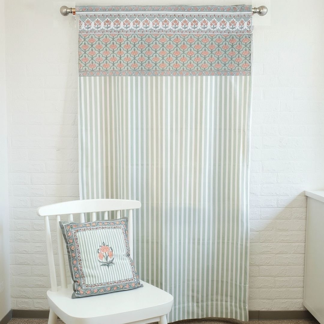Pure Cotton Curtains in soft green colours in ornate floral and bold stripe pattern, available in 7ft.