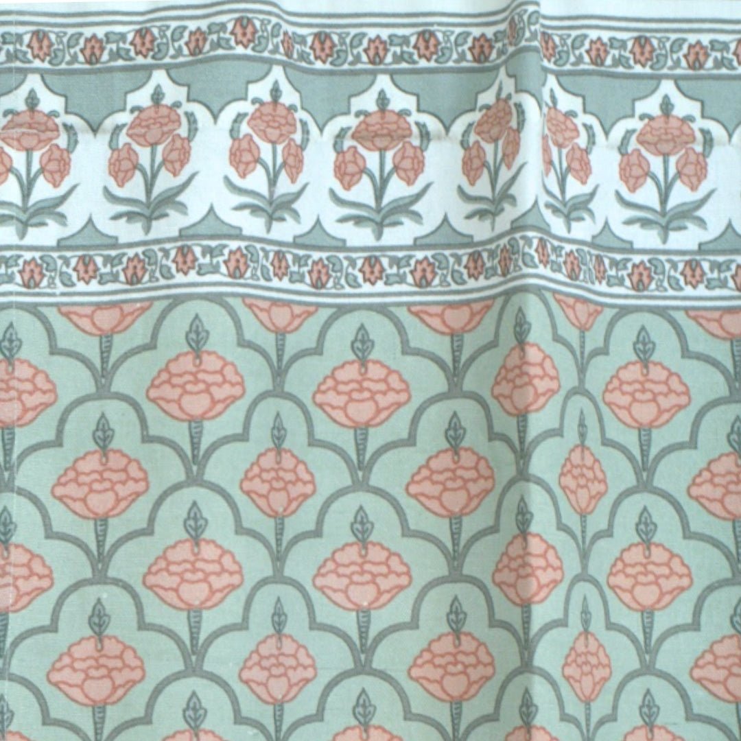 Pure Cotton Curtains in soft green colours in ornate floral and bold stripe pattern, available in 7ft.