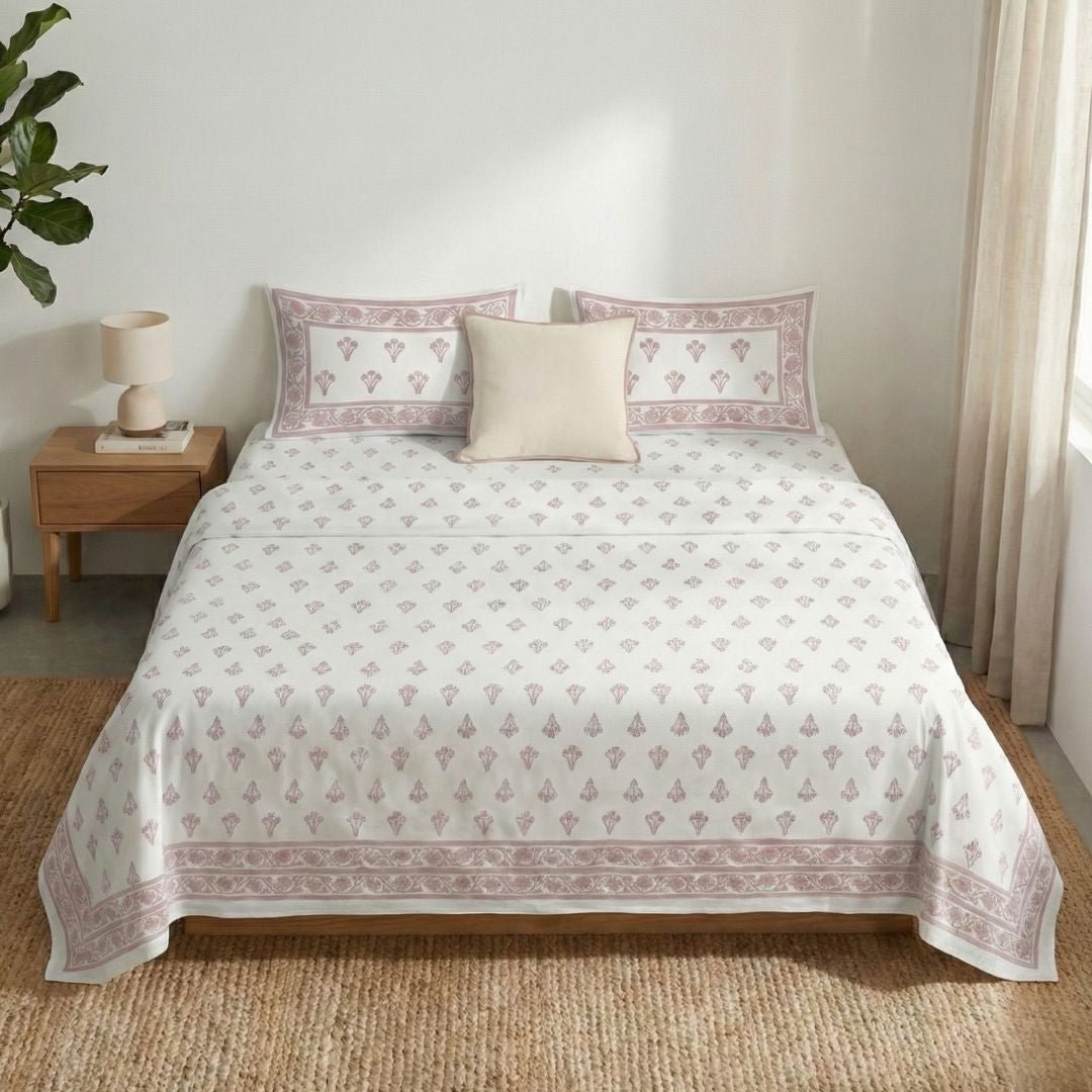 Pink & White Pure Cotton Double Floral Bedsheet | Queen Size | Handprinted