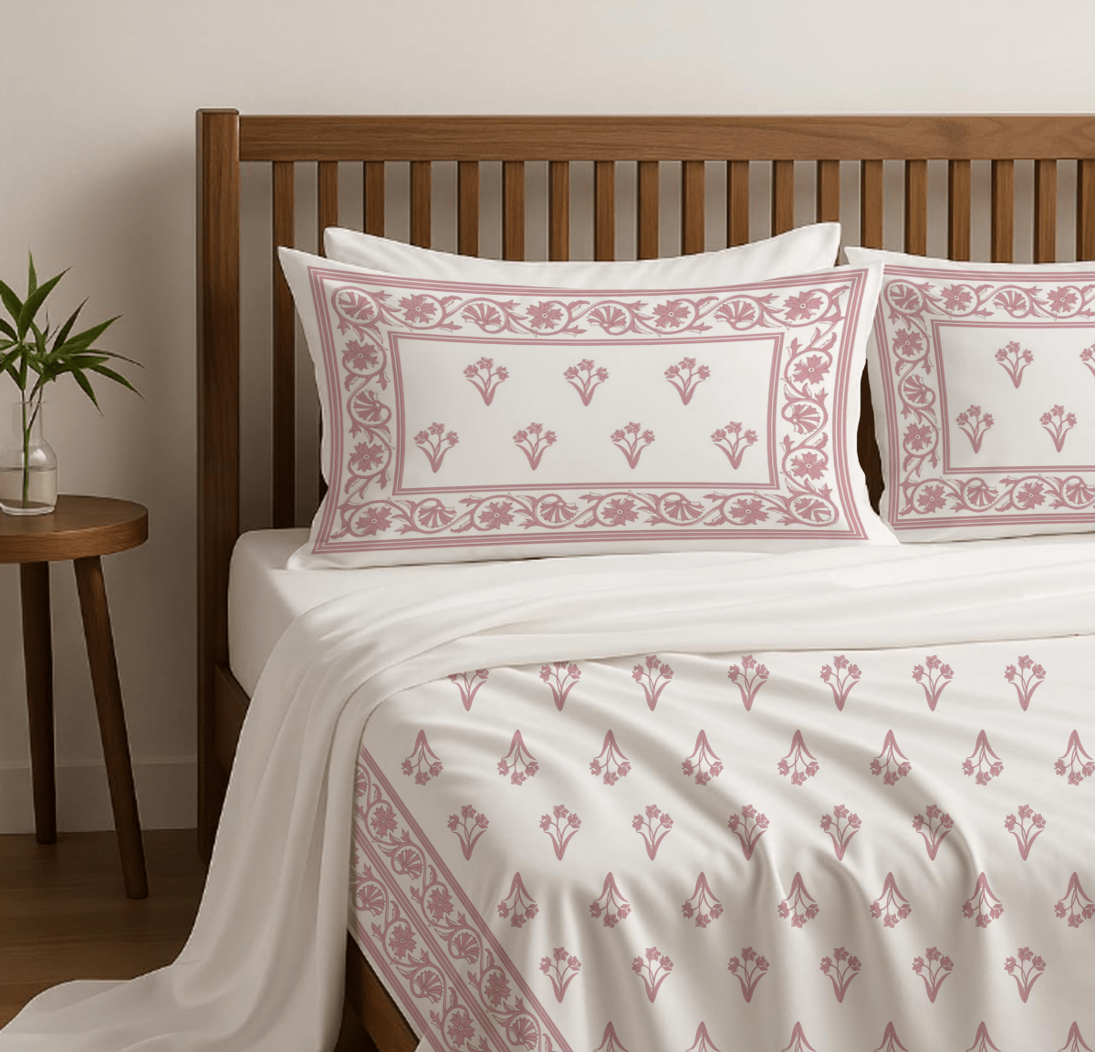Pink & White Pure Cotton Double Floral Bedsheet | Queen Size | Handprinted
