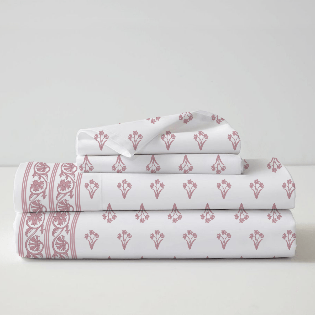 Pink & White Pure Cotton Double Floral Bedsheet | Queen Size | Handprinted