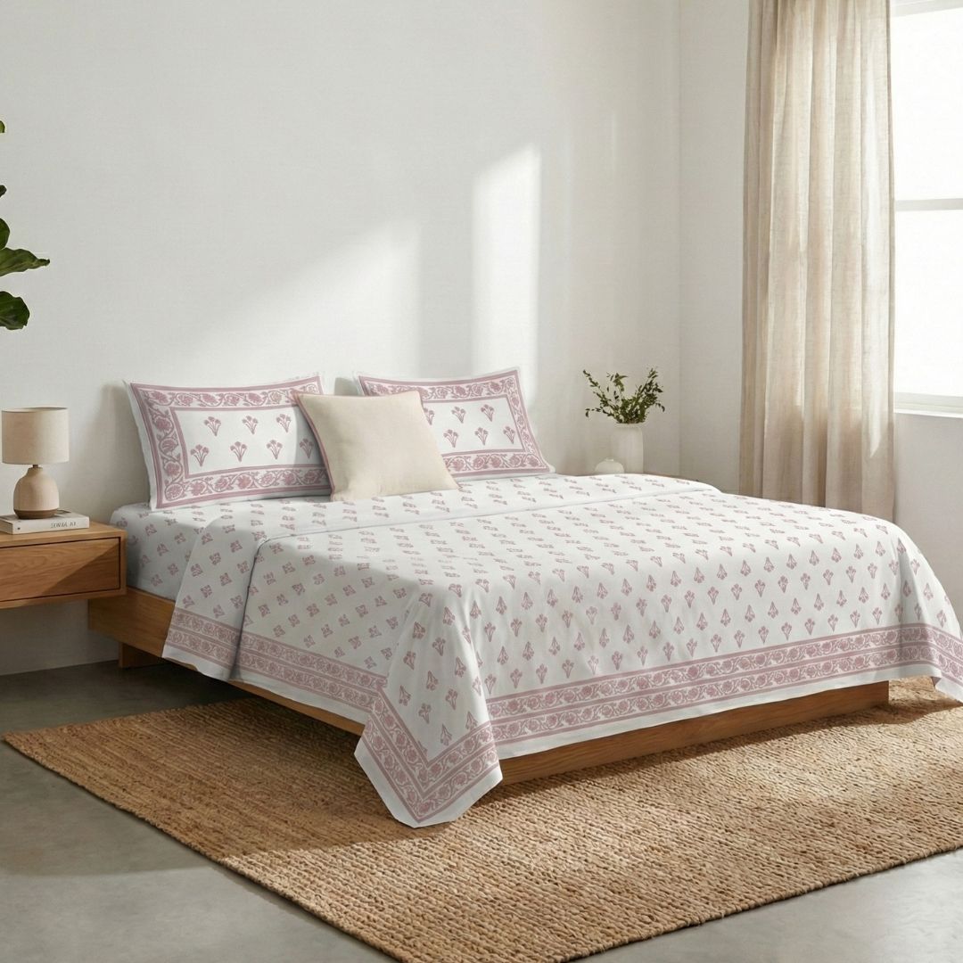 Pink & White Pure Cotton Double Floral Bedsheet | Queen Size | Handprinted