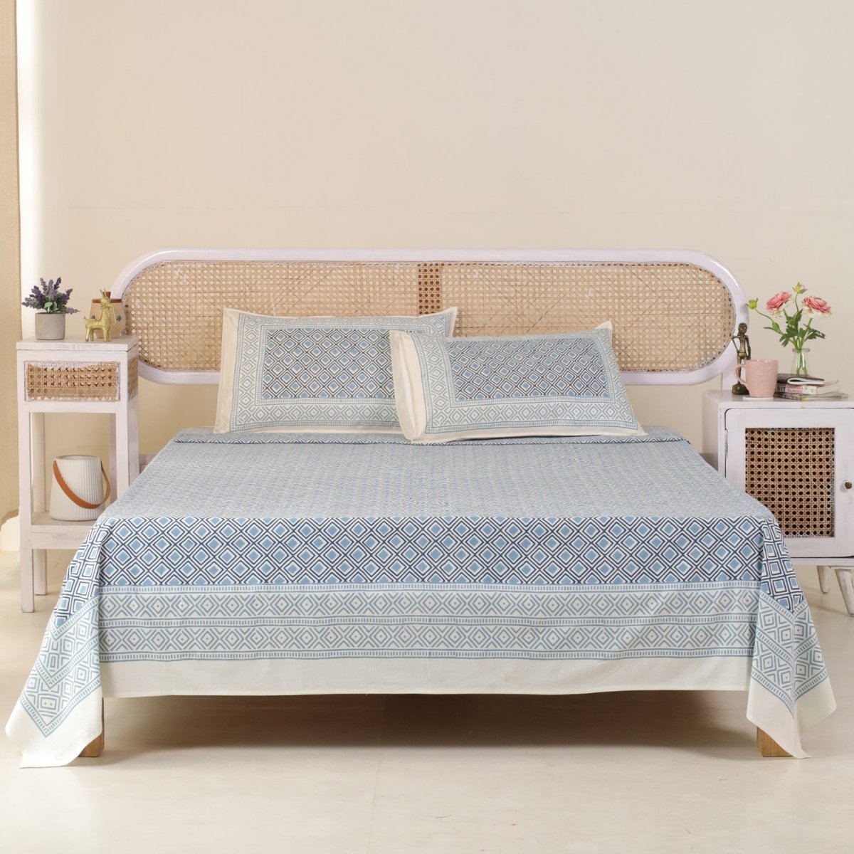 Cotton Bed sheet Set in Queen Size with 2 Pillow Covers Hand Printed in Blue & Grey