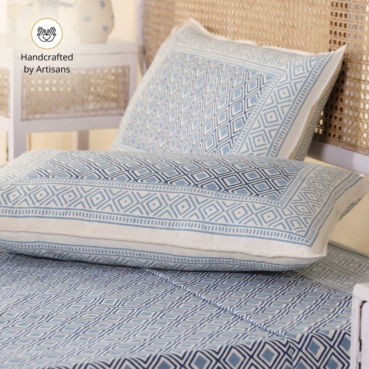 Cotton Bed sheet Set in Queen Size with 2 Pillow Covers Hand Printed in Blue & Grey