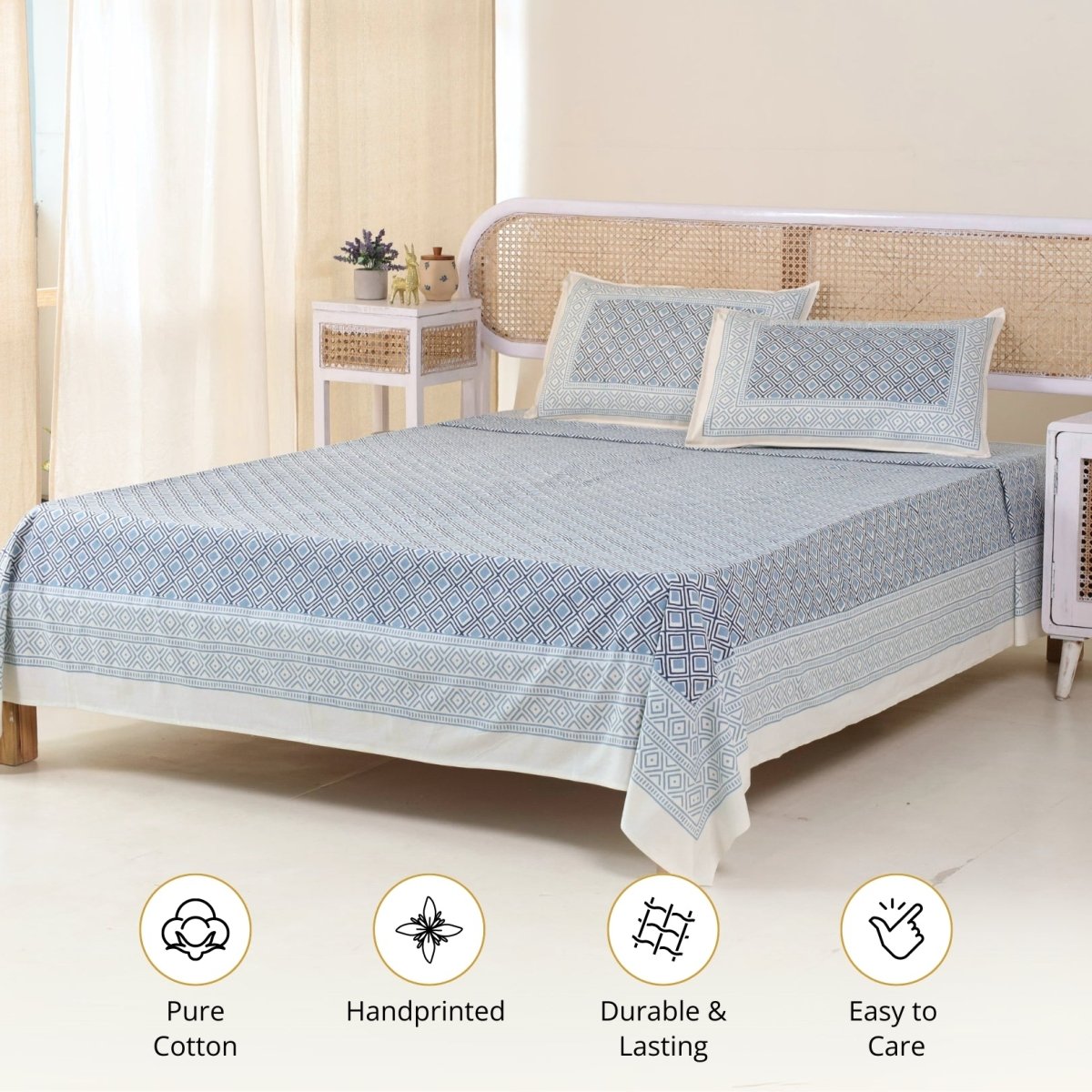 Cotton Bed sheet Set in Queen Size with 2 Pillow Covers Hand Printed in Blue & Grey