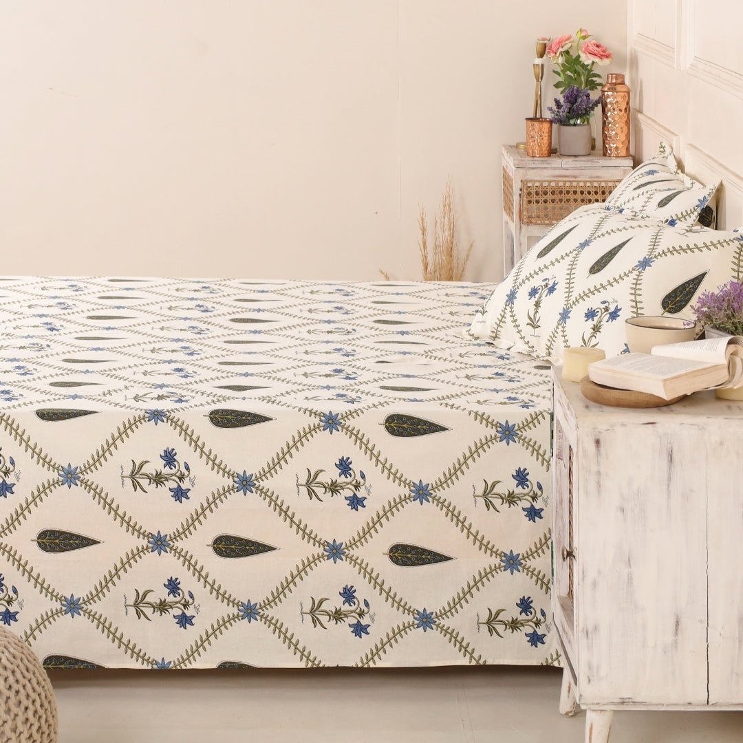 Cypress Blue Pure Cotton Double Bedsheet | Queen Size | Handprinted