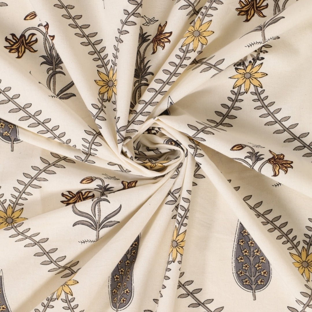 Cypress Yellow Pure Cotton Double Bedsheet | Queen Size | Handprinted