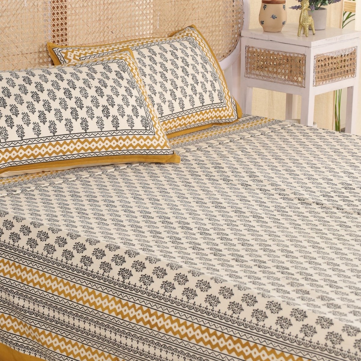 Cotton Bed sheet in Queen Size With 2 Pillow Covers Hand Printed In Mustard & Black Floral Print