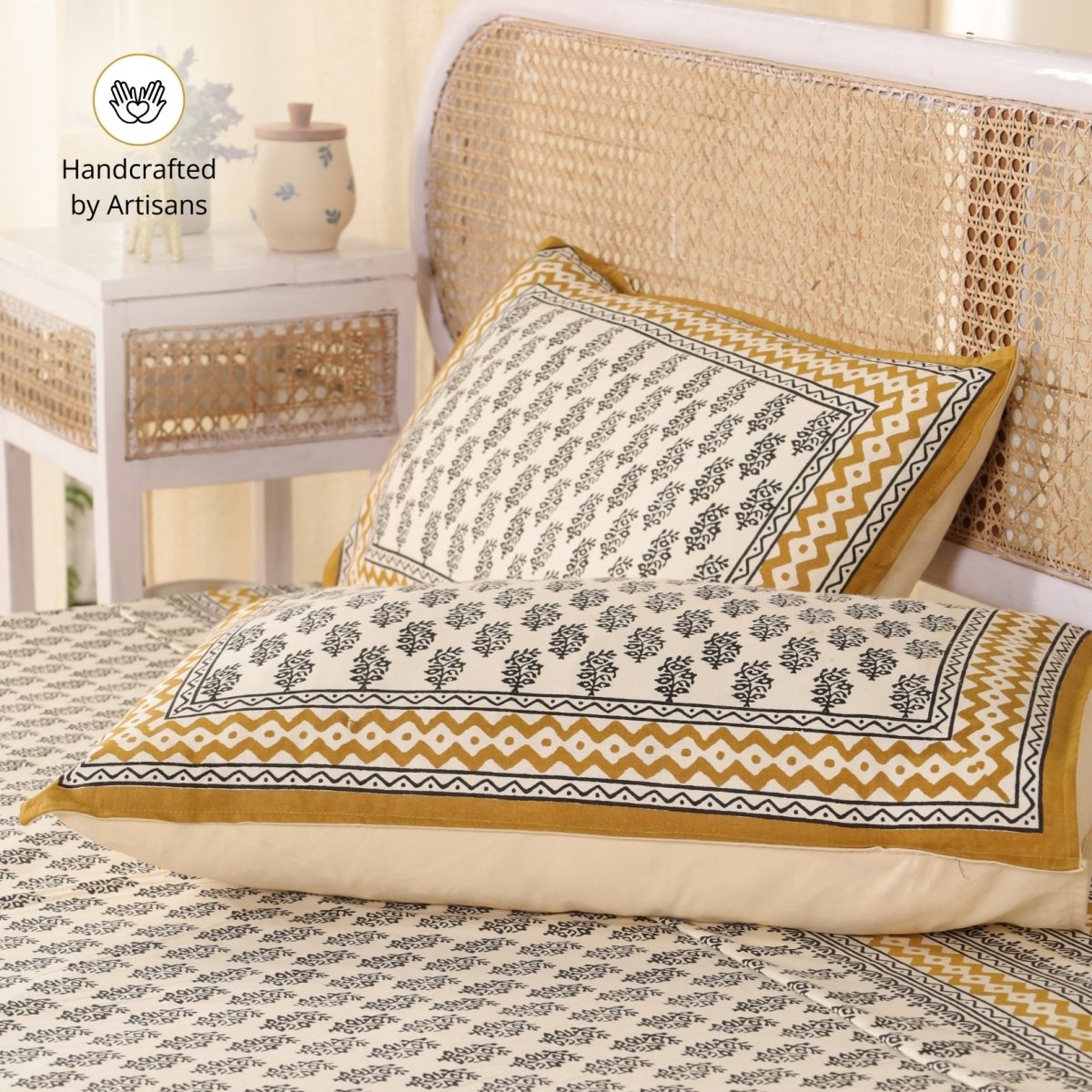 Cotton Bed sheet in Queen Size With 2 Pillow Covers Hand Printed In Mustard & Black Floral Print