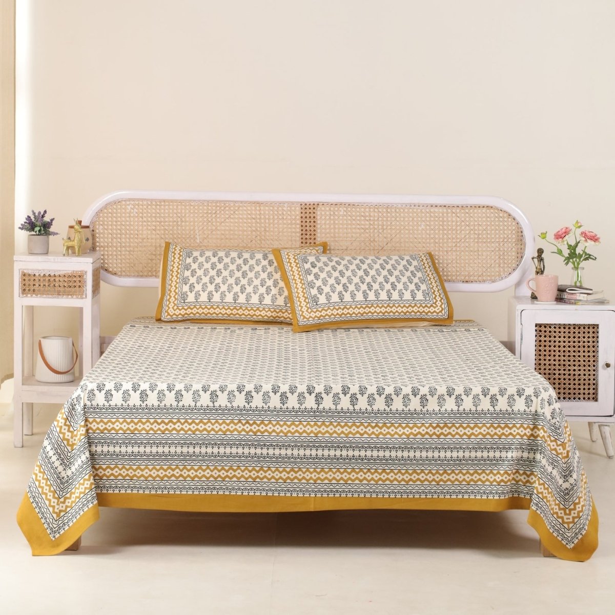 Cotton Bed sheet in Queen Size With 2 Pillow Covers Hand Printed In Mustard & Black Floral Print