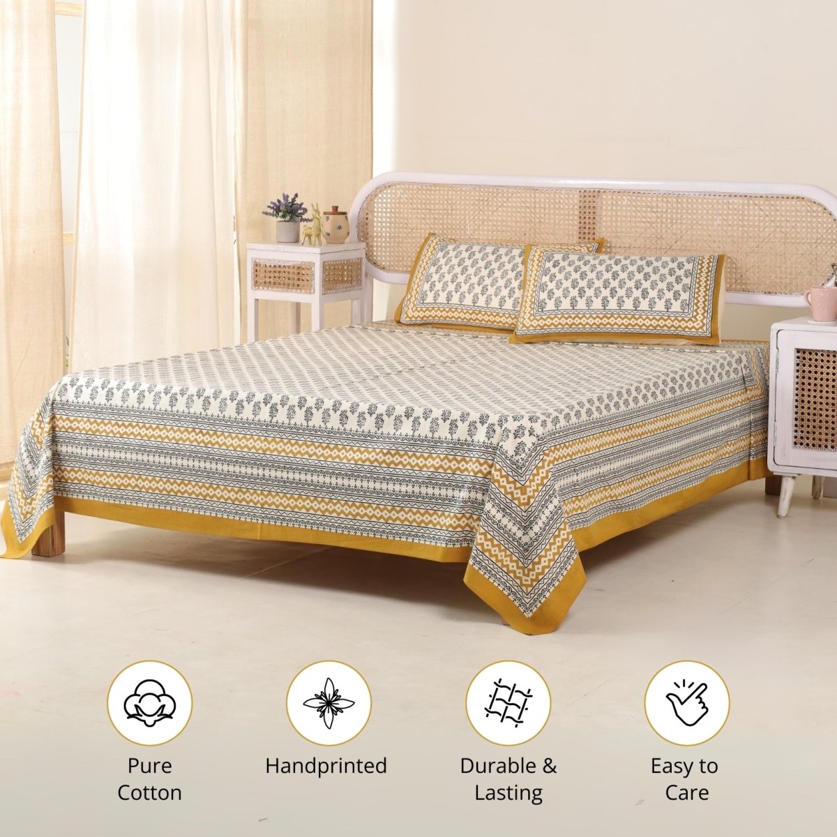 Cotton Bed sheet in Queen Size With 2 Pillow Covers Hand Printed In Mustard & Black Floral Print