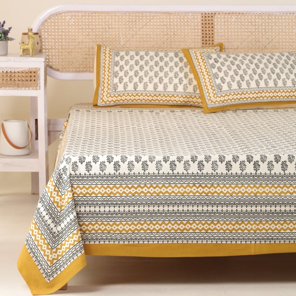Cotton Bed sheet in Queen Size With 2 Pillow Covers Hand Printed In Mustard & Black Floral Print
