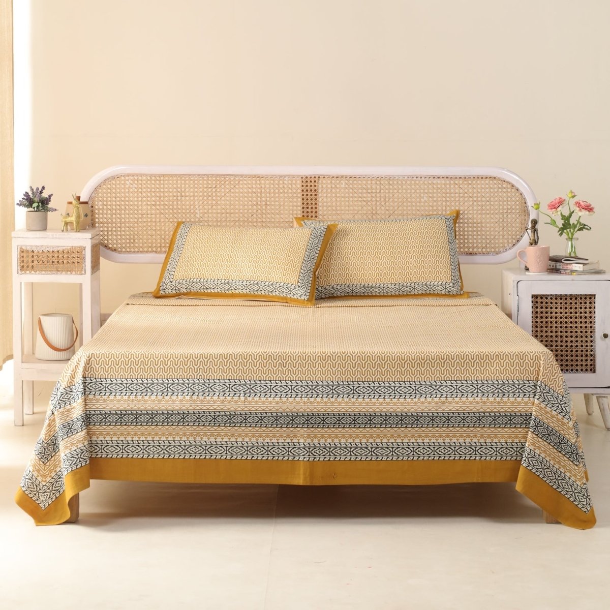 Cotton Bed sheet in Queen Size With 2 Pillow Covers Hand Printed In Mustard & Black