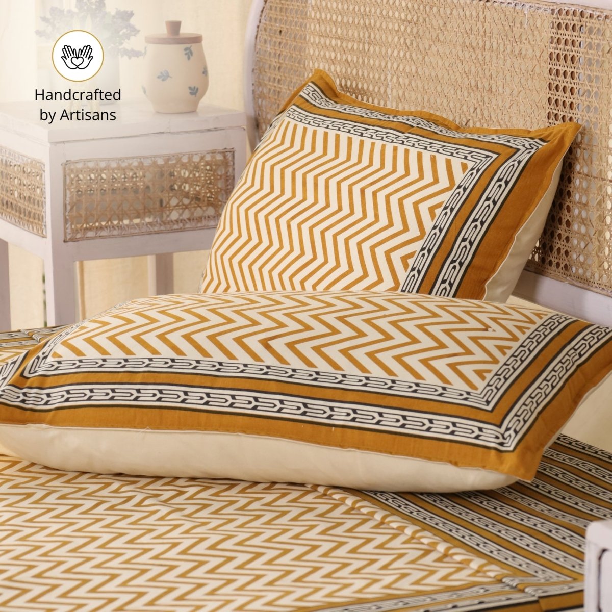 Cotton Bed sheet in Queen Size with 2 Pillow Covers Hand Printed In Mustard & Black