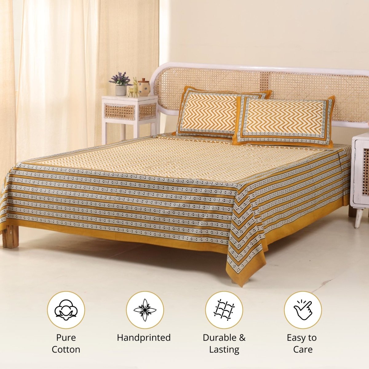 Cotton Bed sheet in Queen Size with 2 Pillow Covers Hand Printed In Mustard & Black