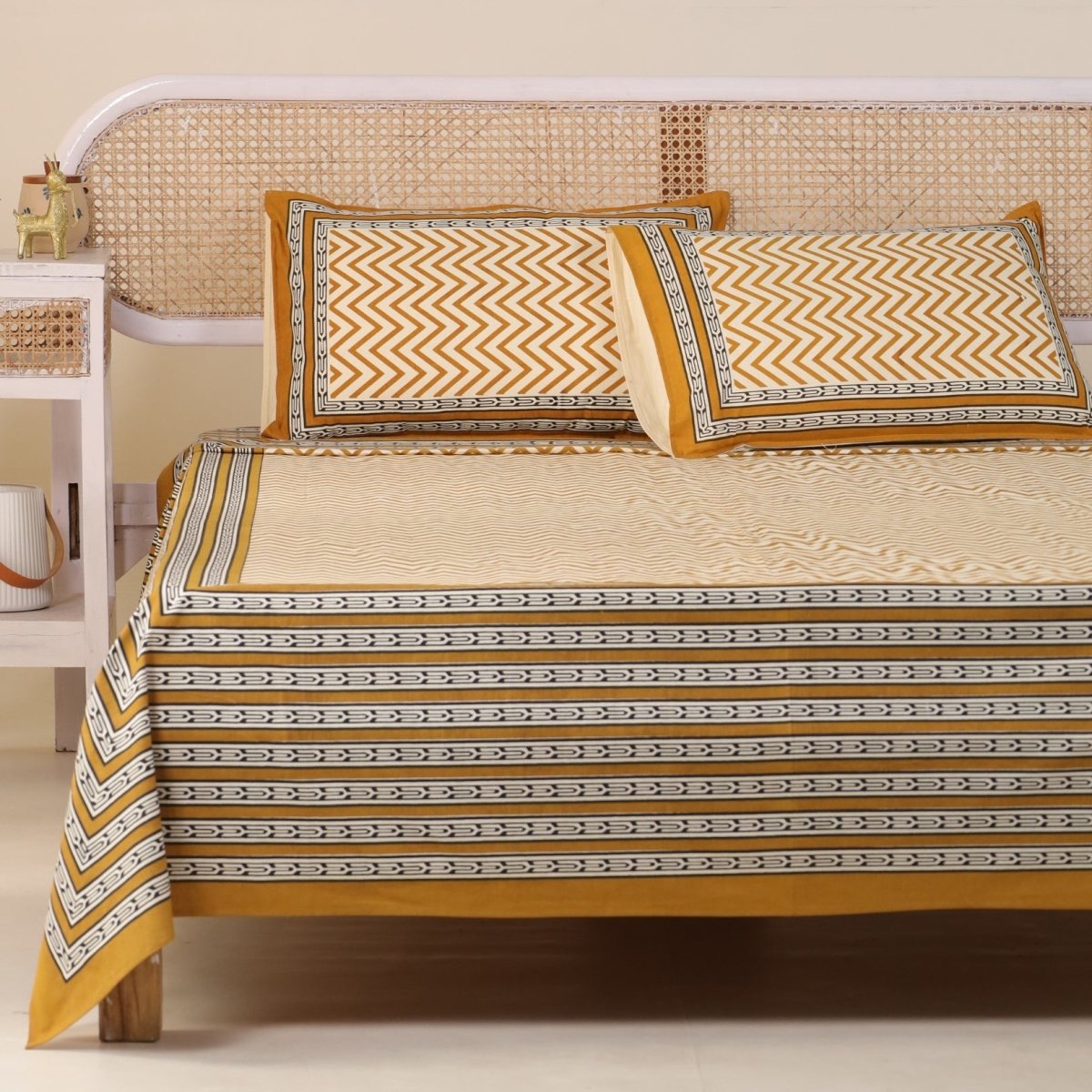 Cotton Bed sheet in Queen Size with 2 Pillow Covers Hand Printed In Mustard & Black
