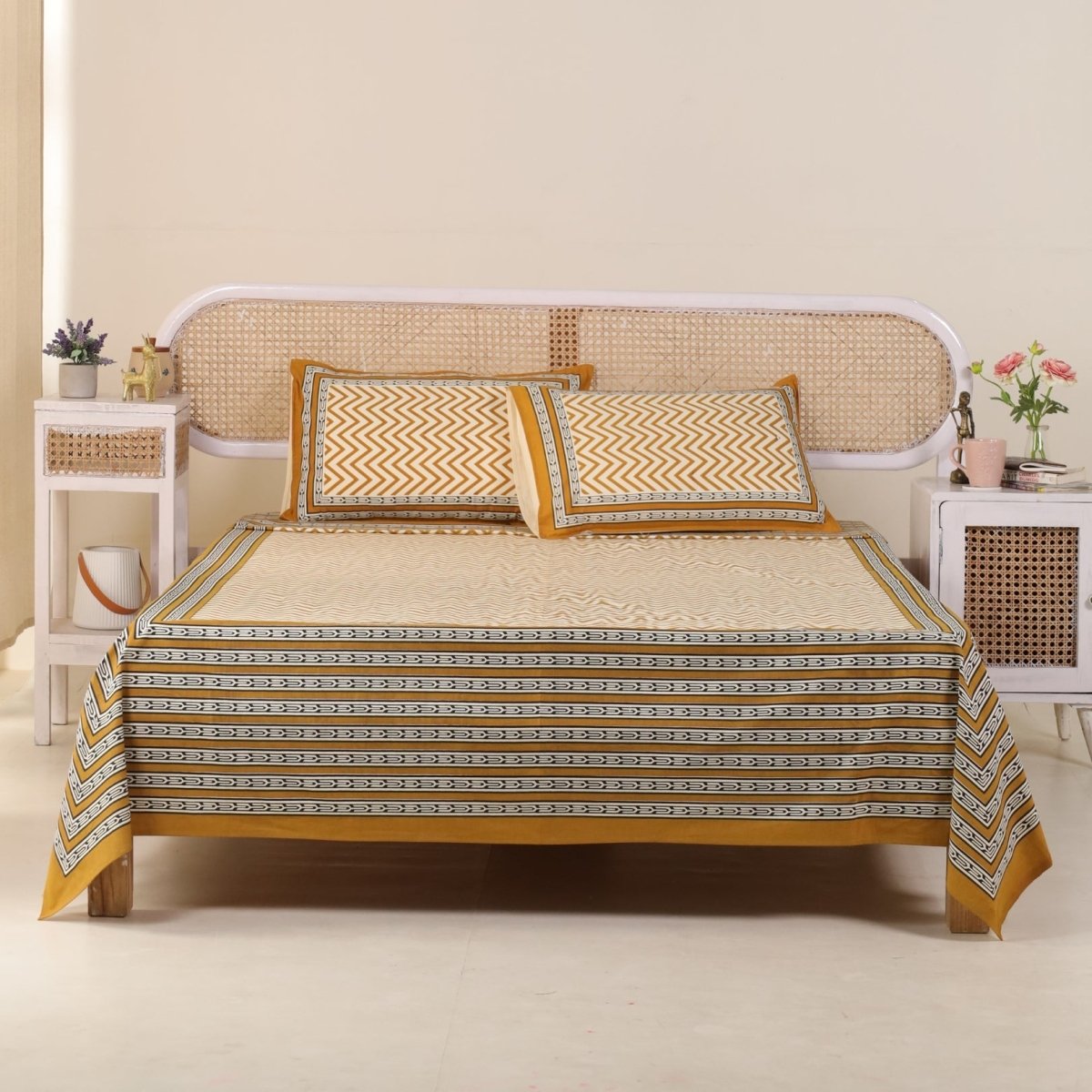 Cotton Bed sheet in Queen Size with 2 Pillow Covers Hand Printed In Mustard & Black