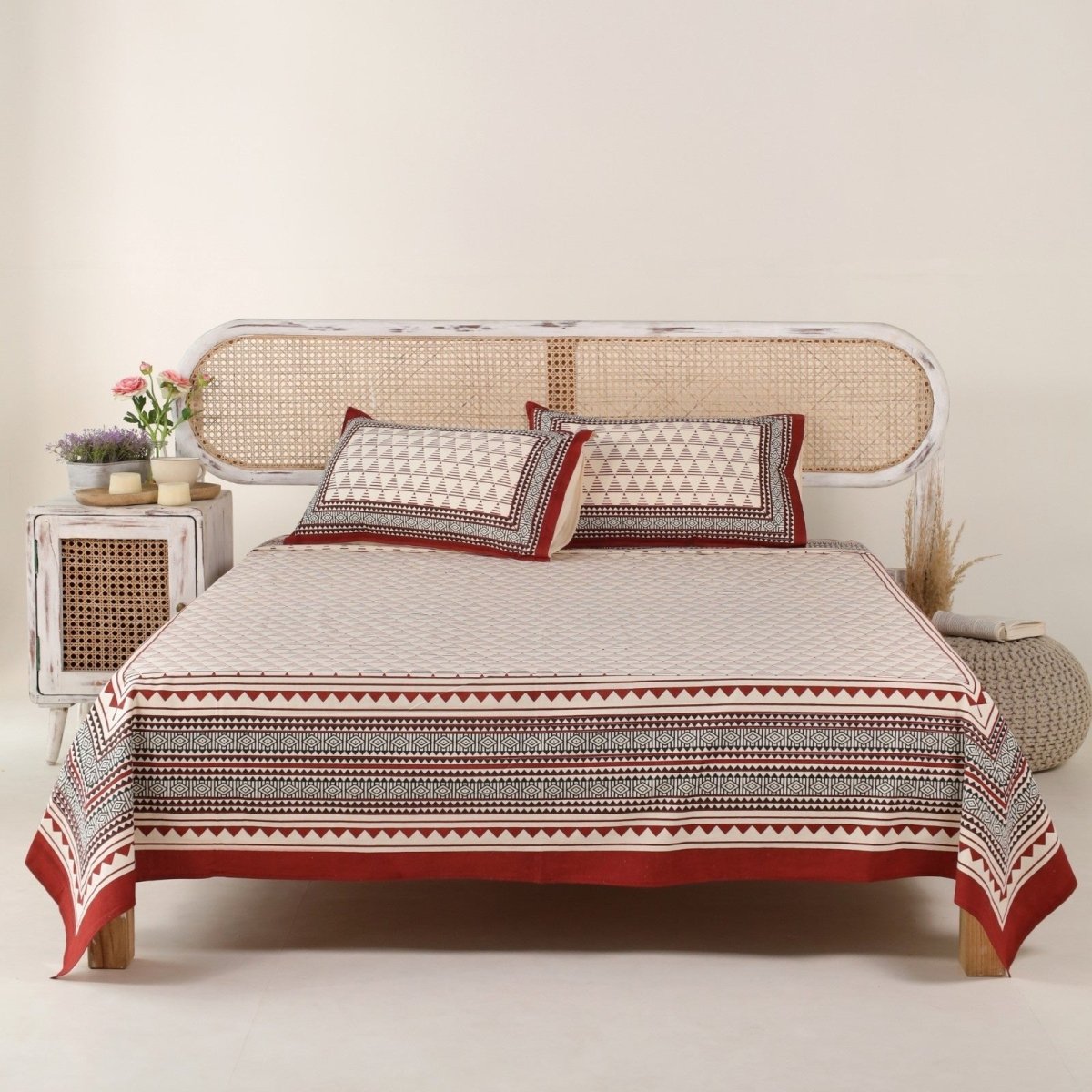 Cotton Bed sheet in Queen Size Set With 2 Pillow Covers Hand Printed Geometric Design in Beige, Black With Maroon Accents