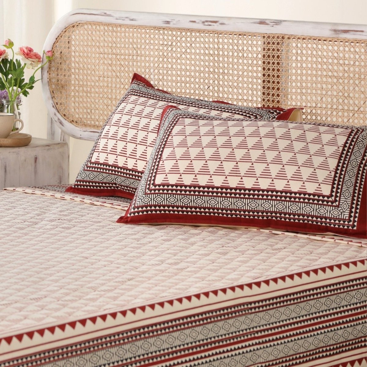 Cotton Bed sheet in Queen Size Set With 2 Pillow Covers Hand Printed Geometric Design in Beige, Black With Maroon Accents