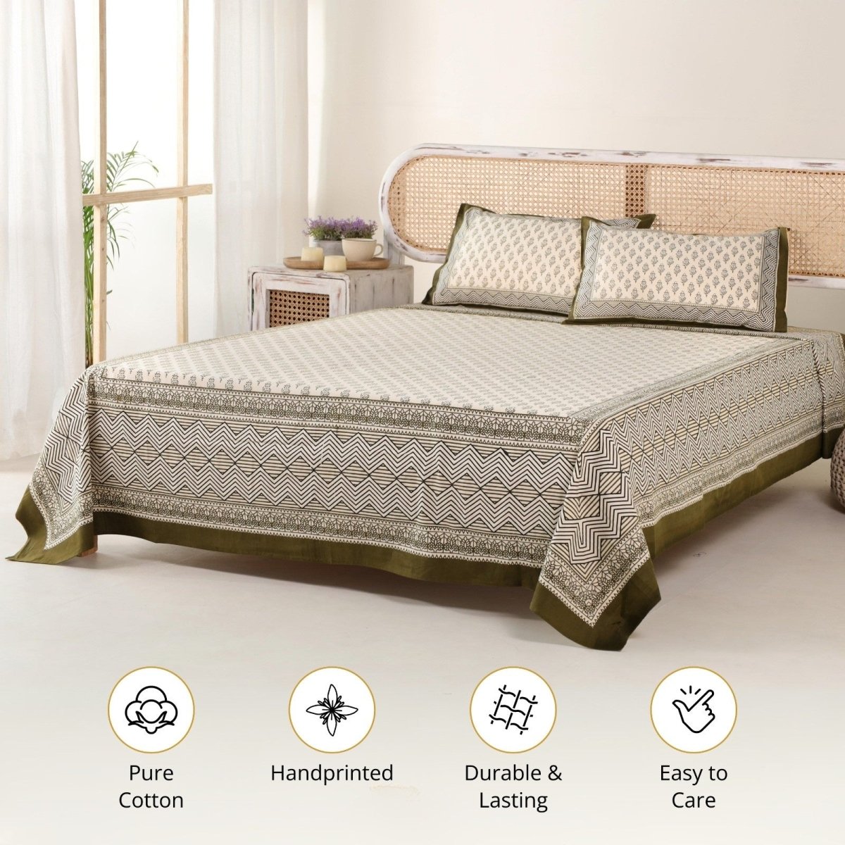 Cotton Bed sheet in Queen Size Set With 2 Pillow Covers Hand Printed in Beige and Green Florals