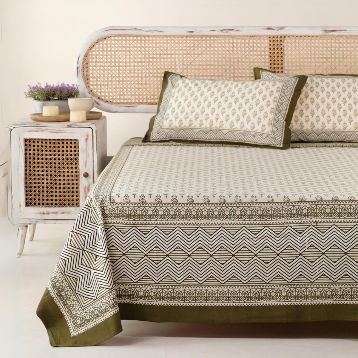Cotton Bed sheet in Queen Size Set With 2 Pillow Covers Hand Printed in Beige and Green Florals
