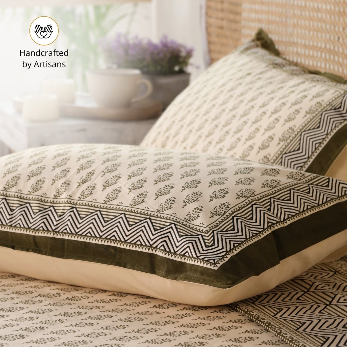 Cotton Bed sheet in Queen Size Set With 2 Pillow Covers Hand Printed in Beige and Green Florals